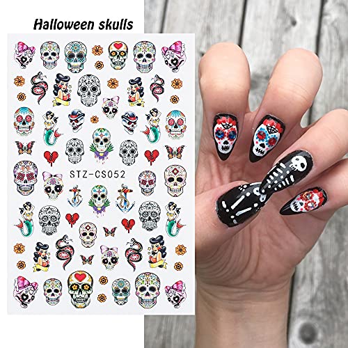 Autumn & Halloween Nail Stickers, 9 Sheets Skull Nail Decals 3D Self-Adhesive Fall Leaves Pumpkin Bat Ghost Spider Web Skeleton Pattern Nail Art Design For Thanksgiving Halloween Party #TOP5