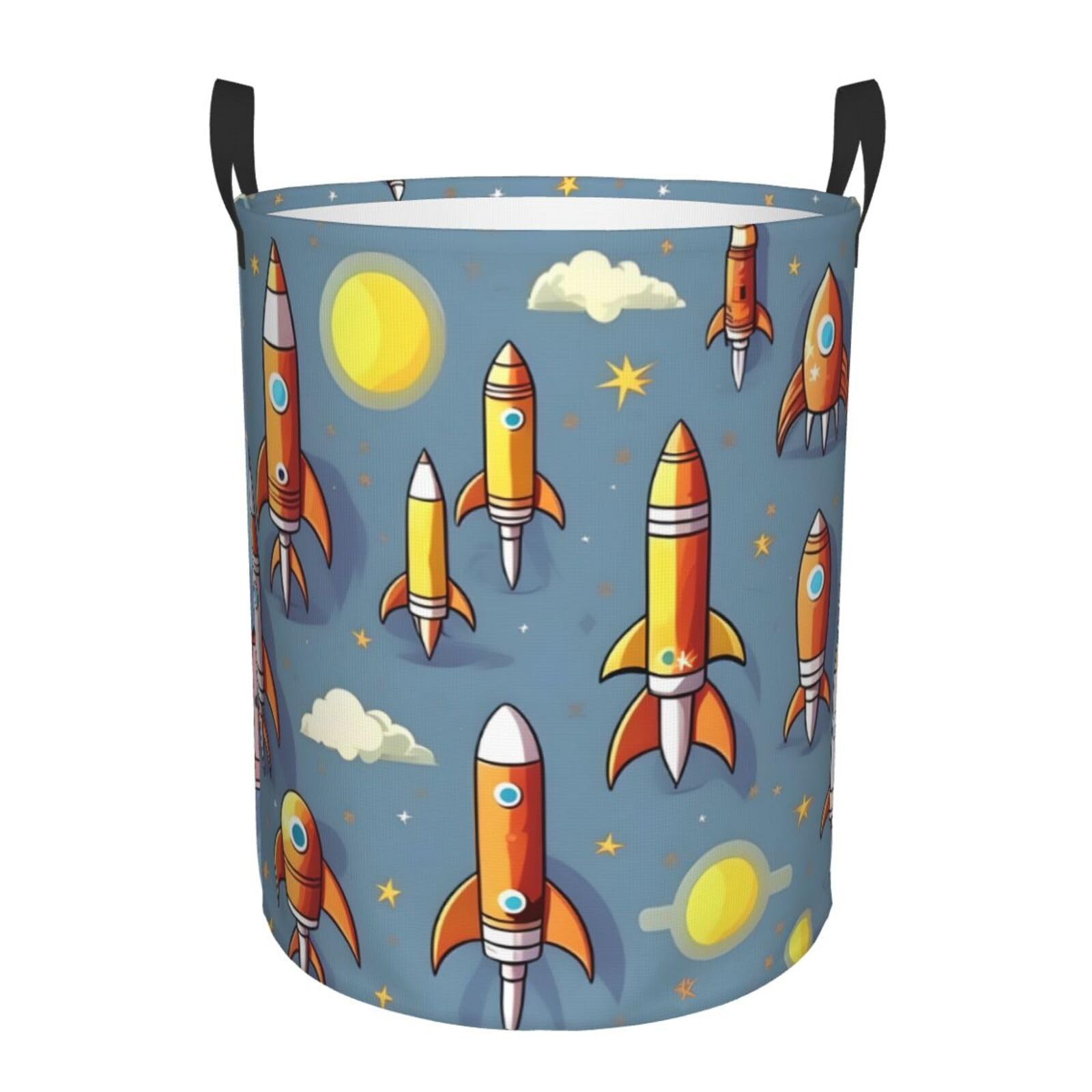 S Collapsible Laundry Hamper Round Cartoon Rocket Print Storage