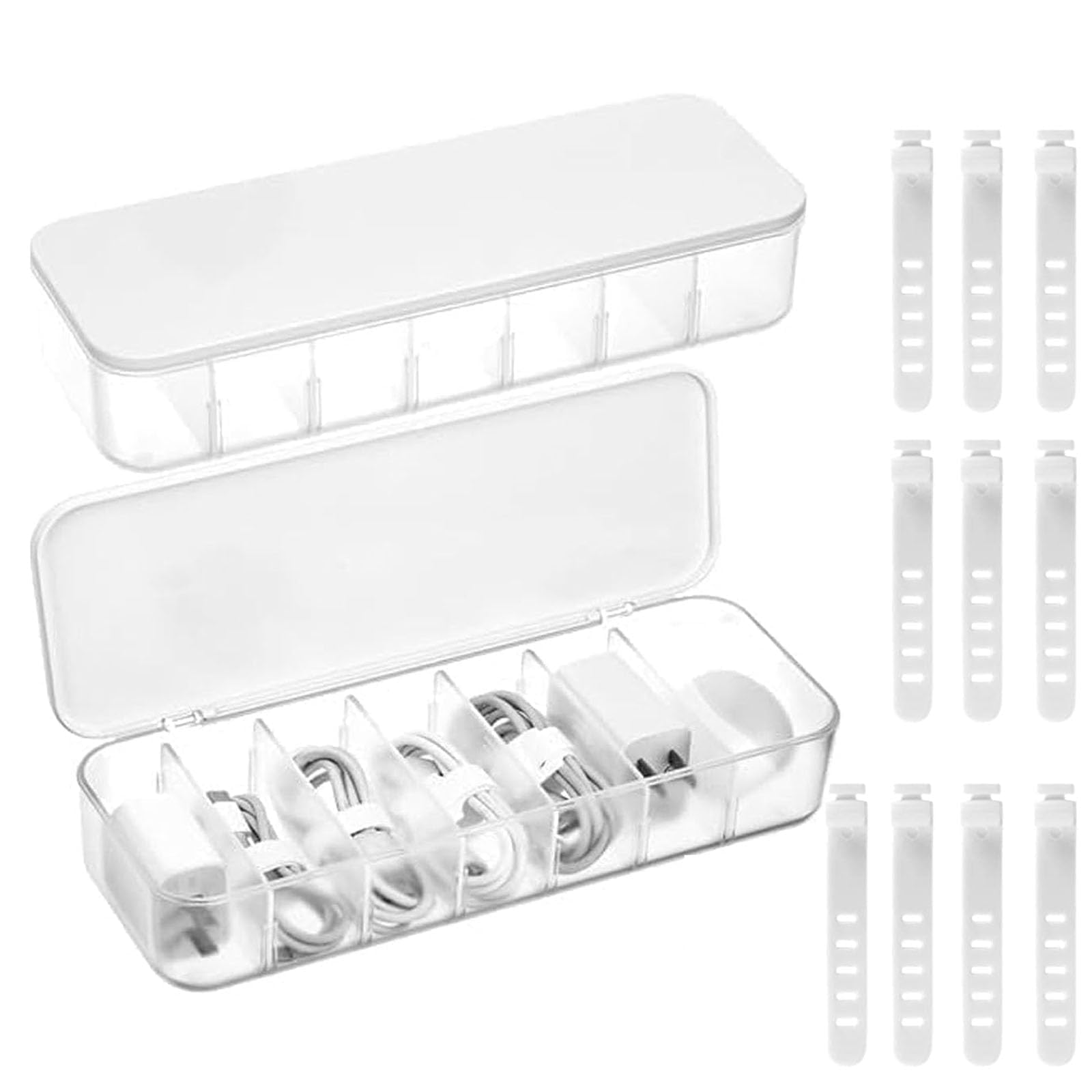 2 Pcs Cable Management Box with Lid, 7 Compartment Data Tidy, Plastic Storage Box for Charger Organiser, Desk Wire TID（Transparent with 10 Cable Ties）