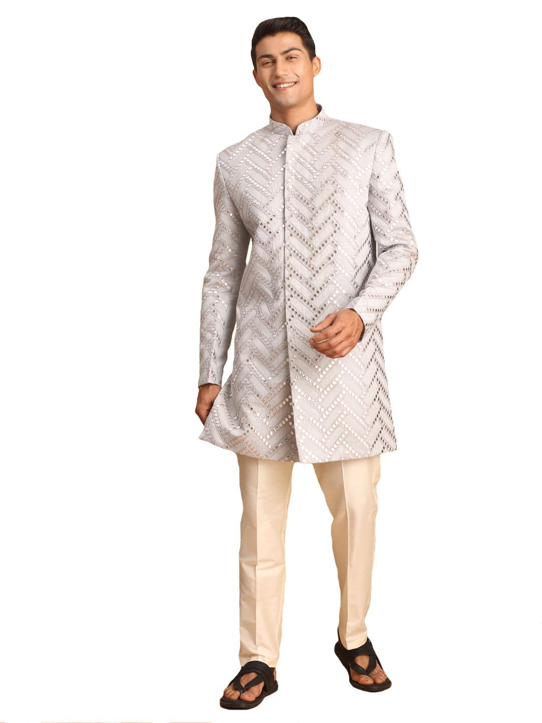Men's Aqua Silk Blend Sherwani Set | Trend setting Men's Indowestern Style Mirror Work Sherwani.Comes with Pant Style Pyjama.
