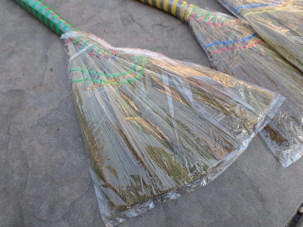 lot of 3 Pieces Vietnamese Soft Fan Straw Broom with Plastic wrap Straw Handle (chổi lúa) 40 inch and a Free Yellow Plastic Tube Handle Broom