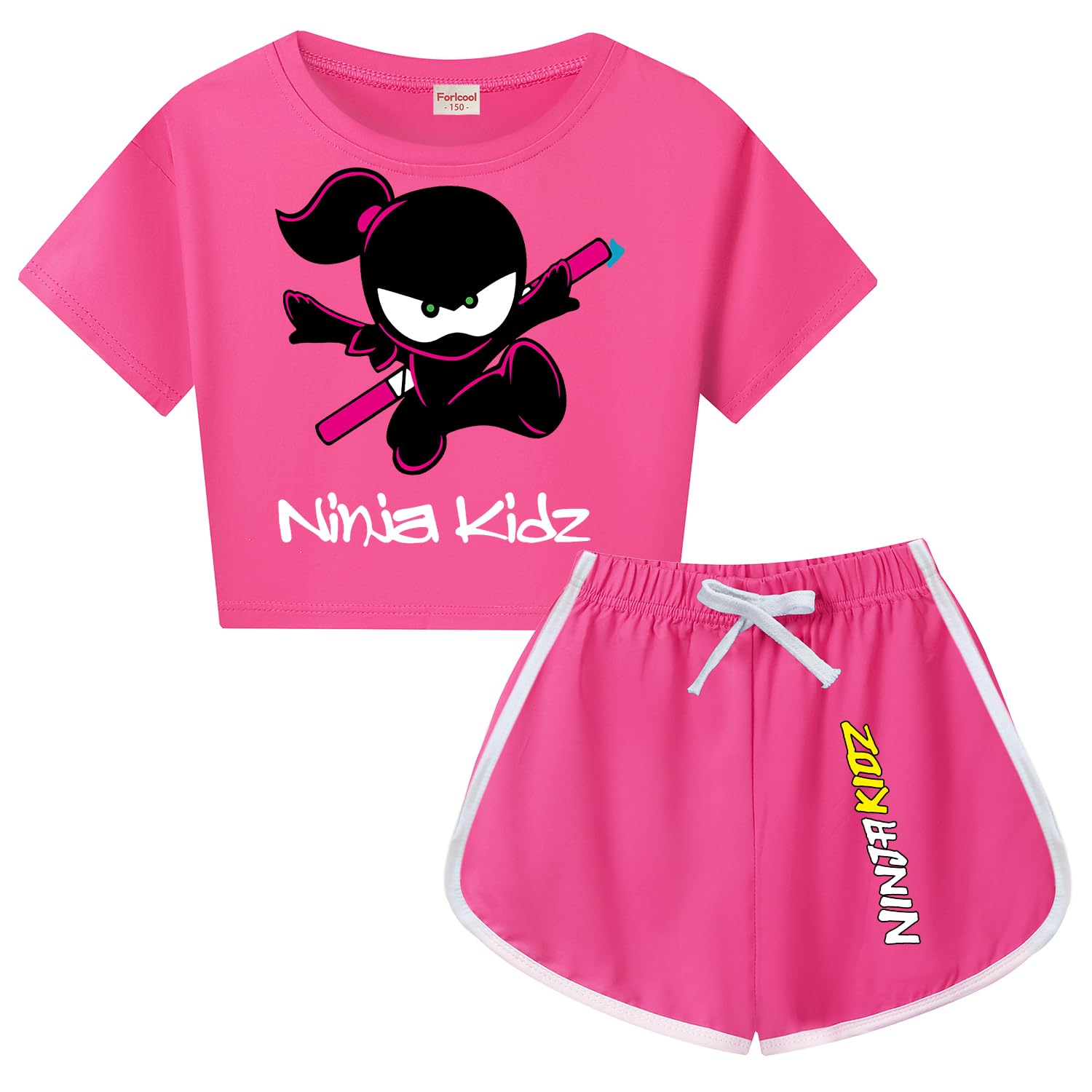 Forlcool Ninjas Kidz Merch Mädchen-T-Shirt, Sommer-T-Shirt und Shorts, Bekleidungsset, Uni, Kinder, 2-teiliges Outfit