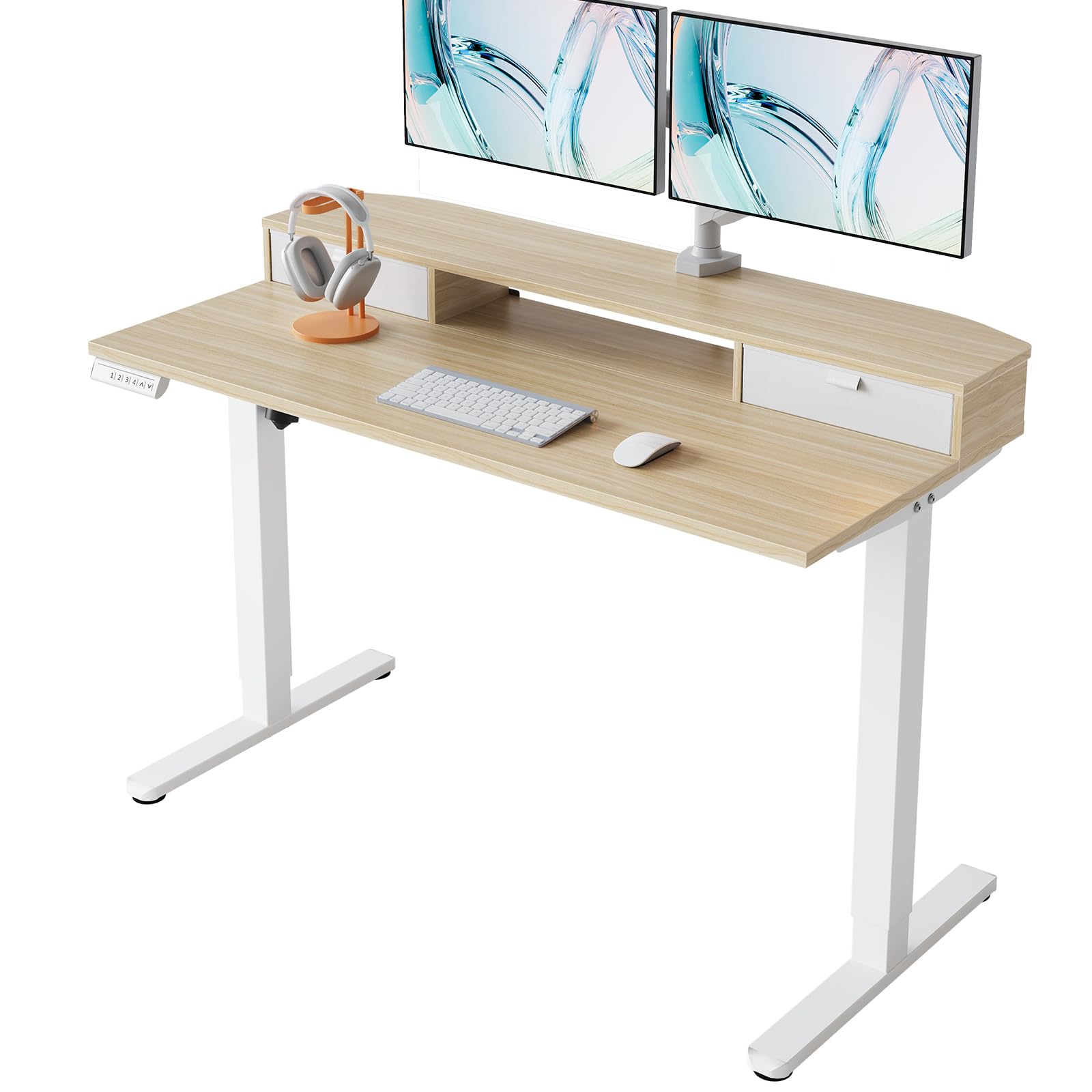 HUANUO 48 x 24 inch Small Electric Standing Desk with 2 Drawers, C-Clamp Mount Compatible, Height Adjustable Sit Stand Desk, Home Office Stand Up Desk