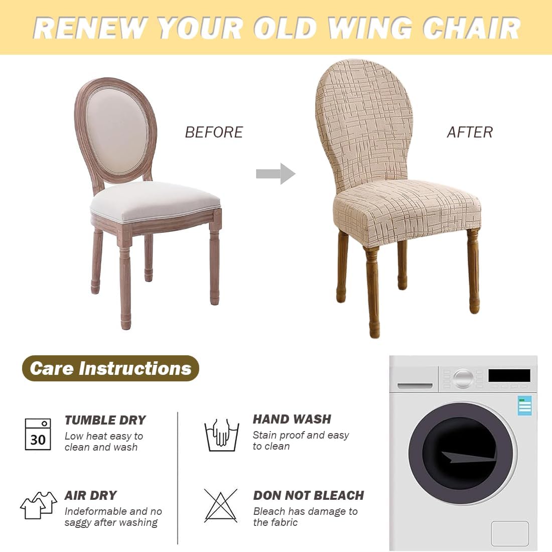 Round Back Dining Chair Cover Stretch Dining Chairs Slipcovers with Round Back Jacquard French Country Oval Chairs Protector Without Arms for Banquet Home Decor Set of 4 Khaki