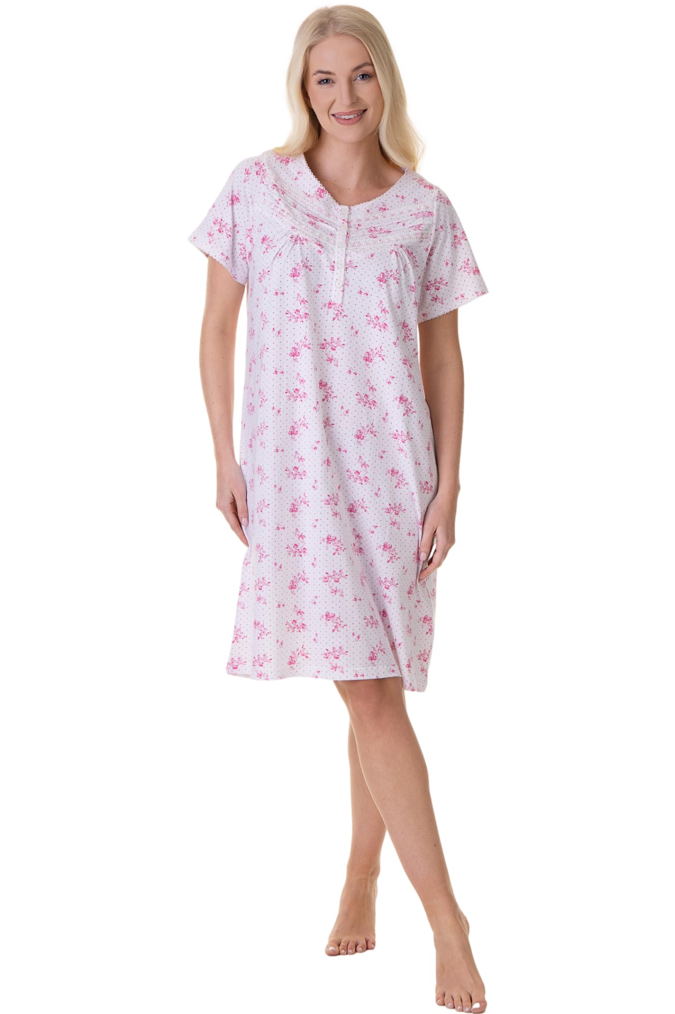 Camille Women's Pink 100% Cotton Short Sleeved Nightie | Knee Length Nightdress | Comfortable & Breathable Traditional Nighty With Buttons | Classic Nightwear With Short Sleeves | 18-20