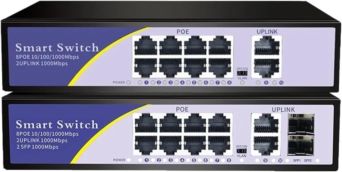 10-Port POE Gigabit Switch 48V VLAN 10/100/1000Mbps 8 POE 1000M Port + 2 uplink Port Network Switch(A-Model)
