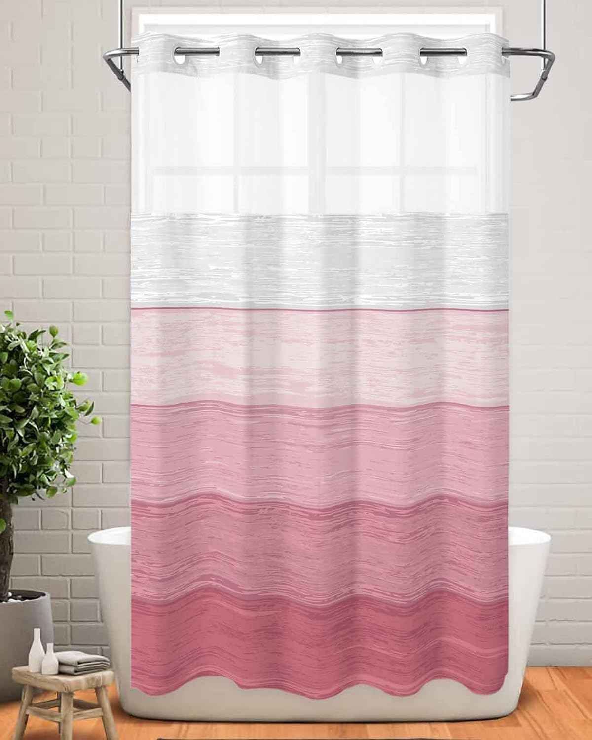 Farm Classic Gradient Wood Texture Washable Shower Curtain - 36x72in, Pink, Waterproof, Snap in Inner Liner, No Hook for Bathroom Shower Stall