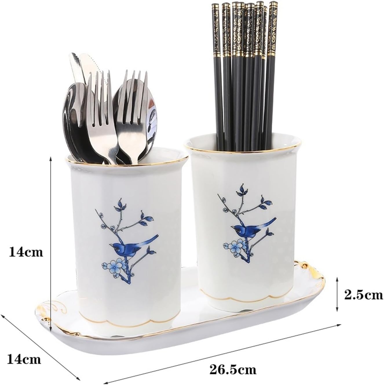 Kitchen Utensil Holder 2-Pieces Ceramic Silverware Holder, Chinese Ink Wash Style Utensil Holder Organizer, Kitchen Flatware Holder Cutlery Drain Rack for Countertop Cooking Utensil Holder