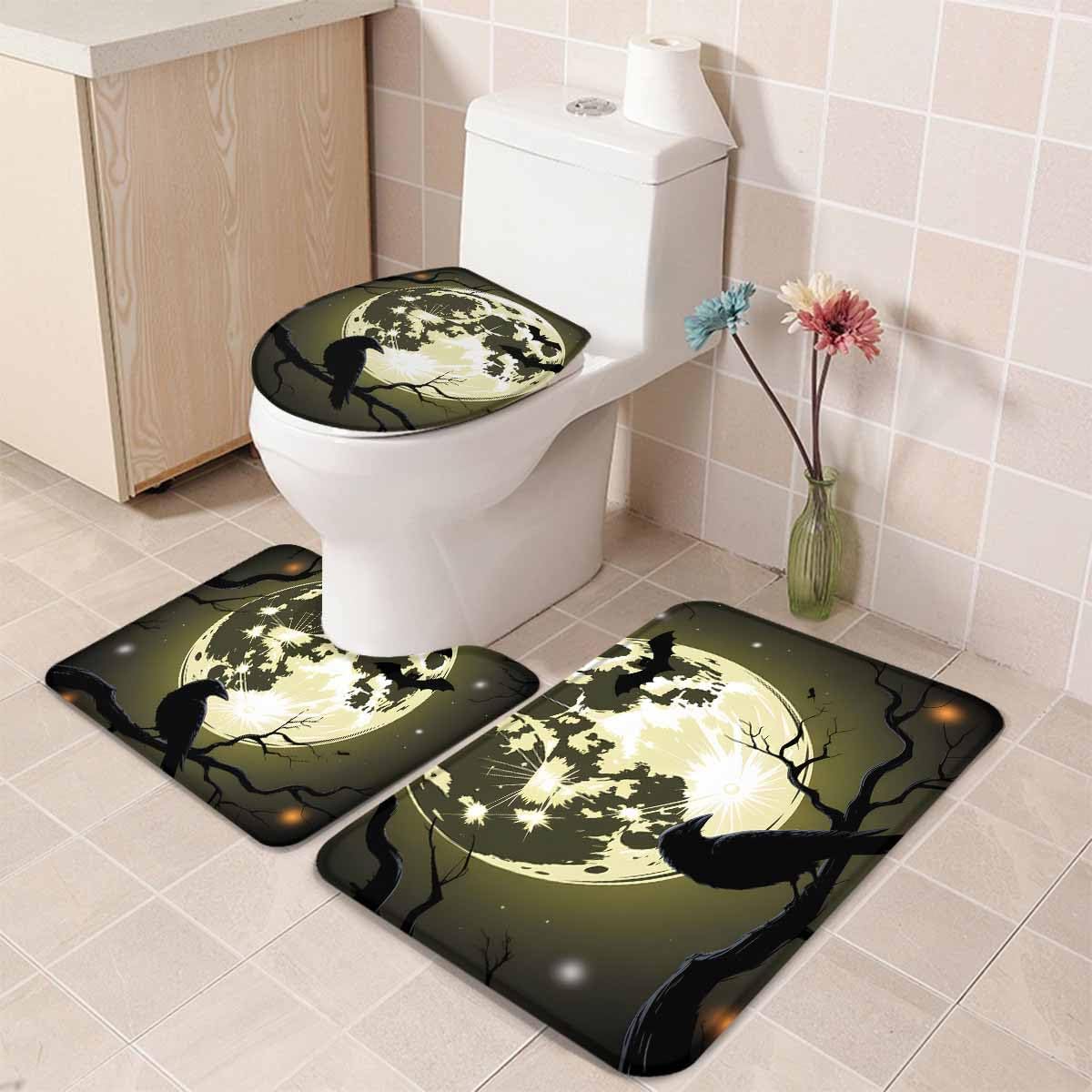 Halloween Bathroom Rugs and Mats Sets 3 Piece Scary Night Moon Bath Sets Non Slip Bath Rug Set with U Shape Rug Horror Crow Bat Contour Toilet Rugs for Bathroom Floor Holiday Party Decor Small Size