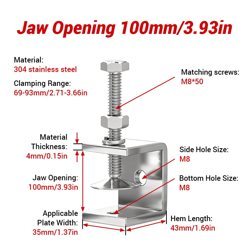 Juego de 5 abrazaderas en C de acero inoxidable 304, abrazaderas Tiger de metal resistente con apertura de mordaza ancha y estable de 100 mm/3,94" para montaje en carpintería y soldadura.