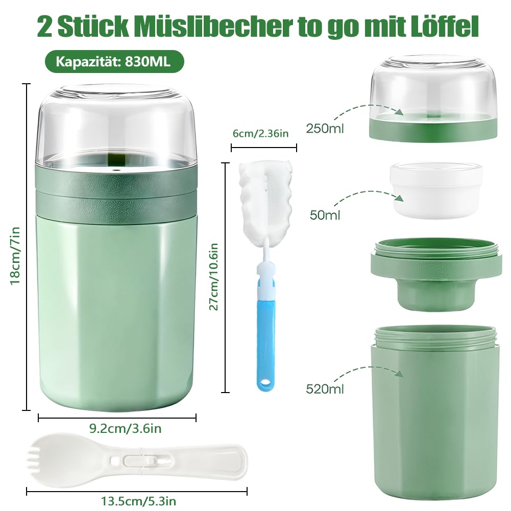 2er Müslibecher To Go Auslaufsicher mit Löffel & Soßenbox, 520+50+250ml Joghurtbecher aus BPA-freiem PP, Spülmaschinengeeignet für Arbeit, Schule & Picknick (mit Reinigungsbürste)