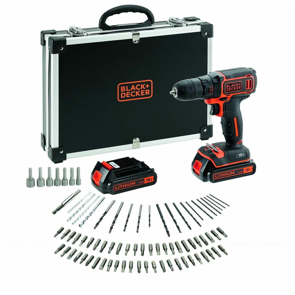 BLACK+DECKER Kit trapano 18V Cordless con 2 batterie da 1,5Ah, caricatore rapido, set di accessori da 80 pezzi e custodia da trasporto, BDCDC18BAFC-QW