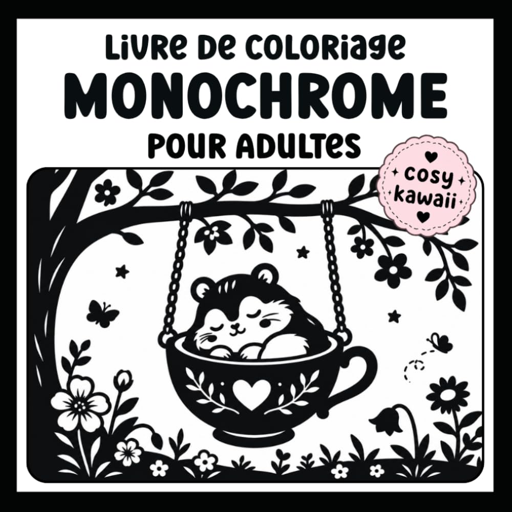 Livre de coloriage monochrome pour adultes: 50 scènes cosy et adorables en une seule couleur – Animaux kawaii, cafés douillets et moments anti-stress pour ralentir et s'apaiser