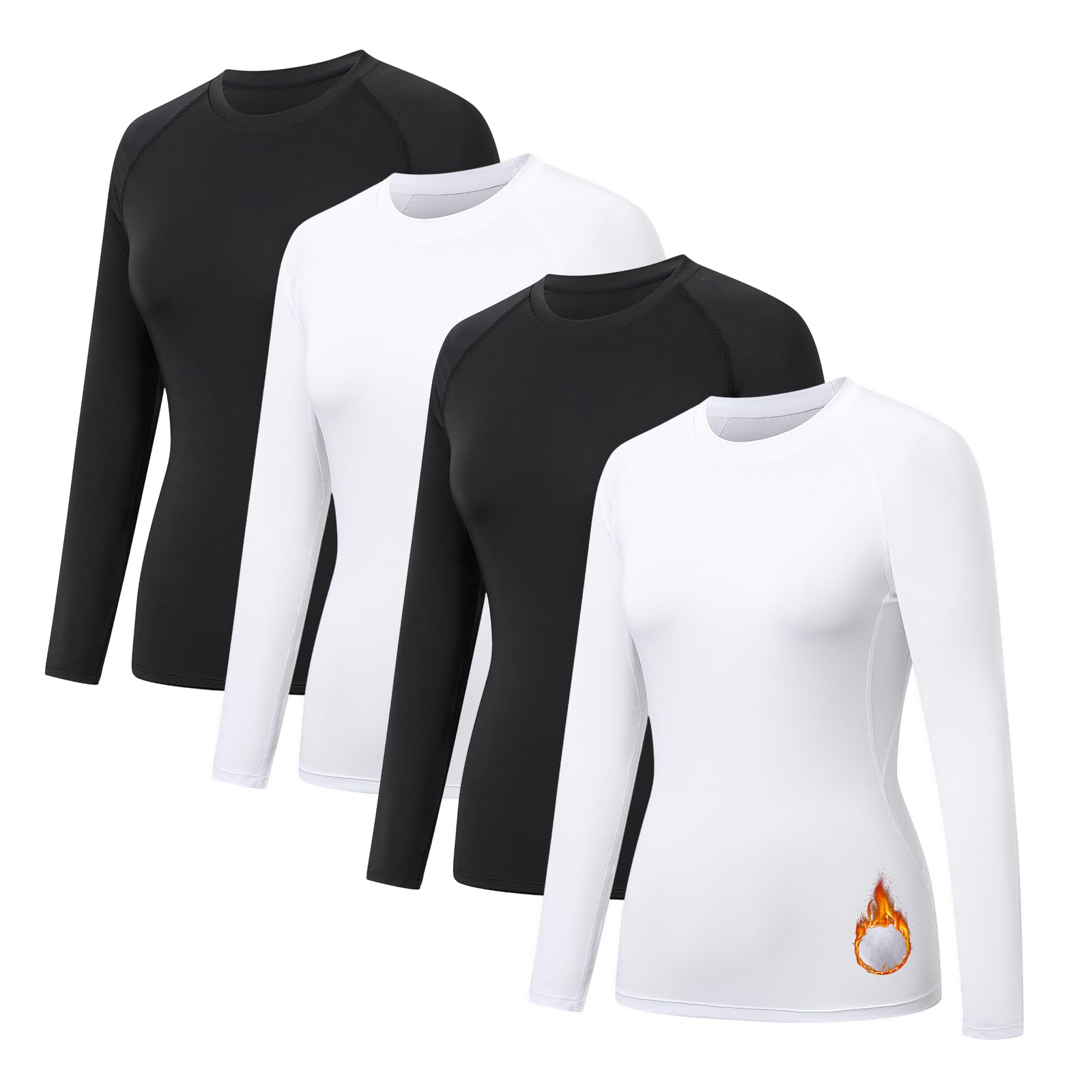 HYCOPROT 4 Pack Camisetas Térmicas de Compresión para Mujer Manga Larga Interior Ropa Deportiva Invierno Corte Ajustado Basica Top Deportivo Base Shirts Gimnasio Yoga Senderismo Trekking Ciclismo