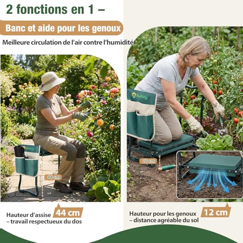 Tabouret de jardin réglable Sekey pliable avec poches vert - 6