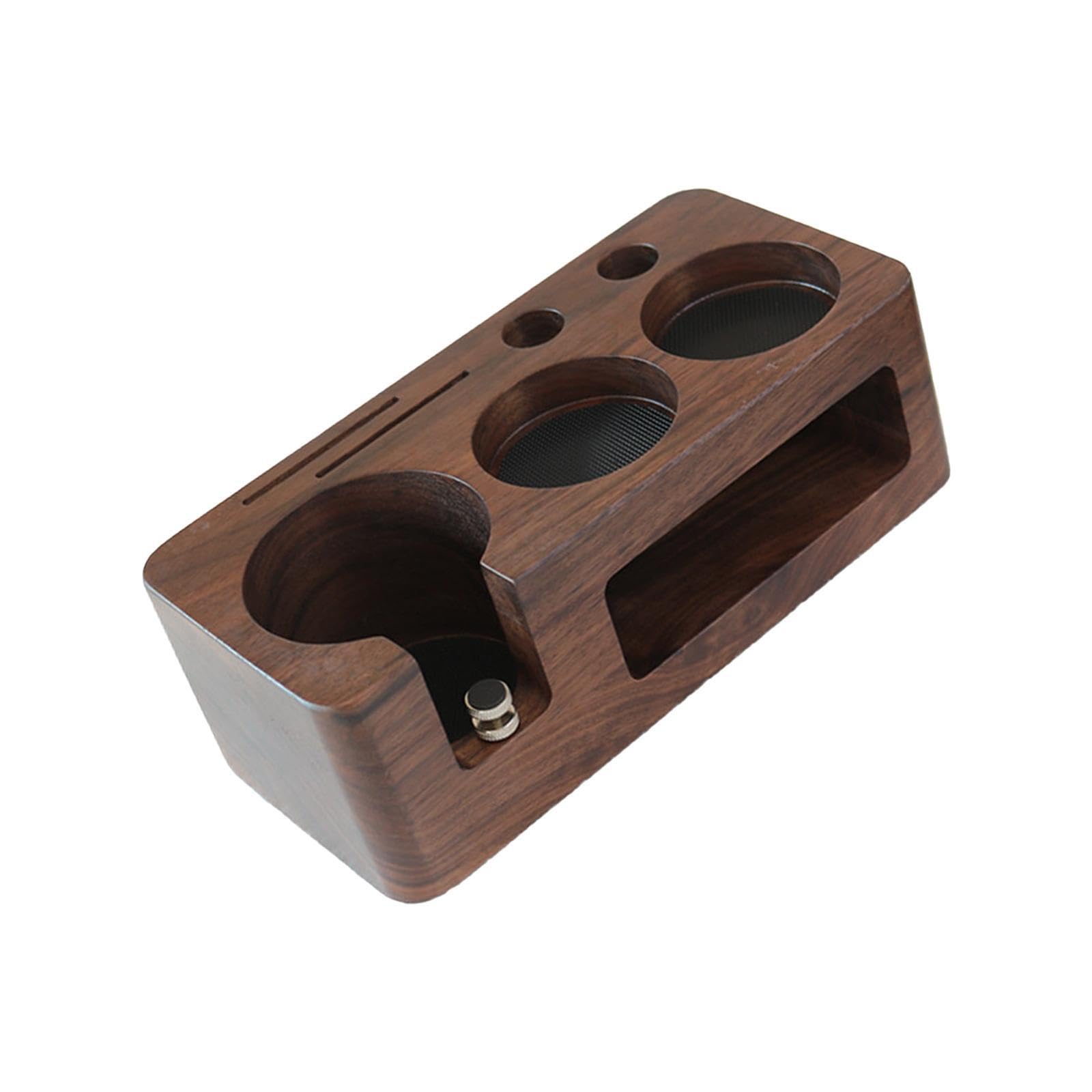 Kaffeetamperstation mit Rutschfester Matte, robustem Holzständer, einzigartigem Siebträgerhalter und Kaffeezubehör.