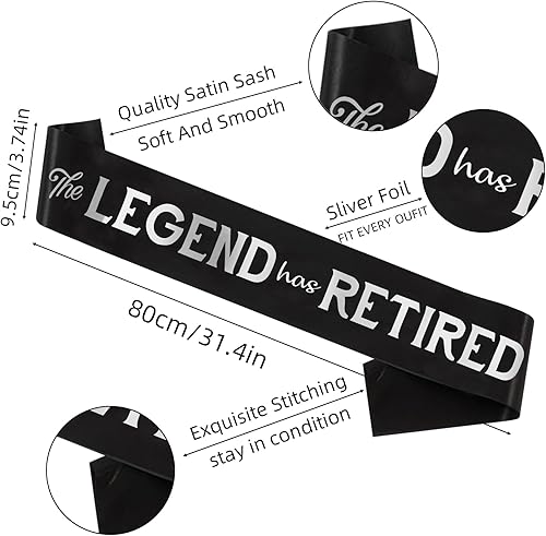 Miniatura 3 de SGKUED The Legend Has Retired Sash - Banda de satén negro y lámina plateada para hombres y mujeres - Suministros para fiesta de jubilación