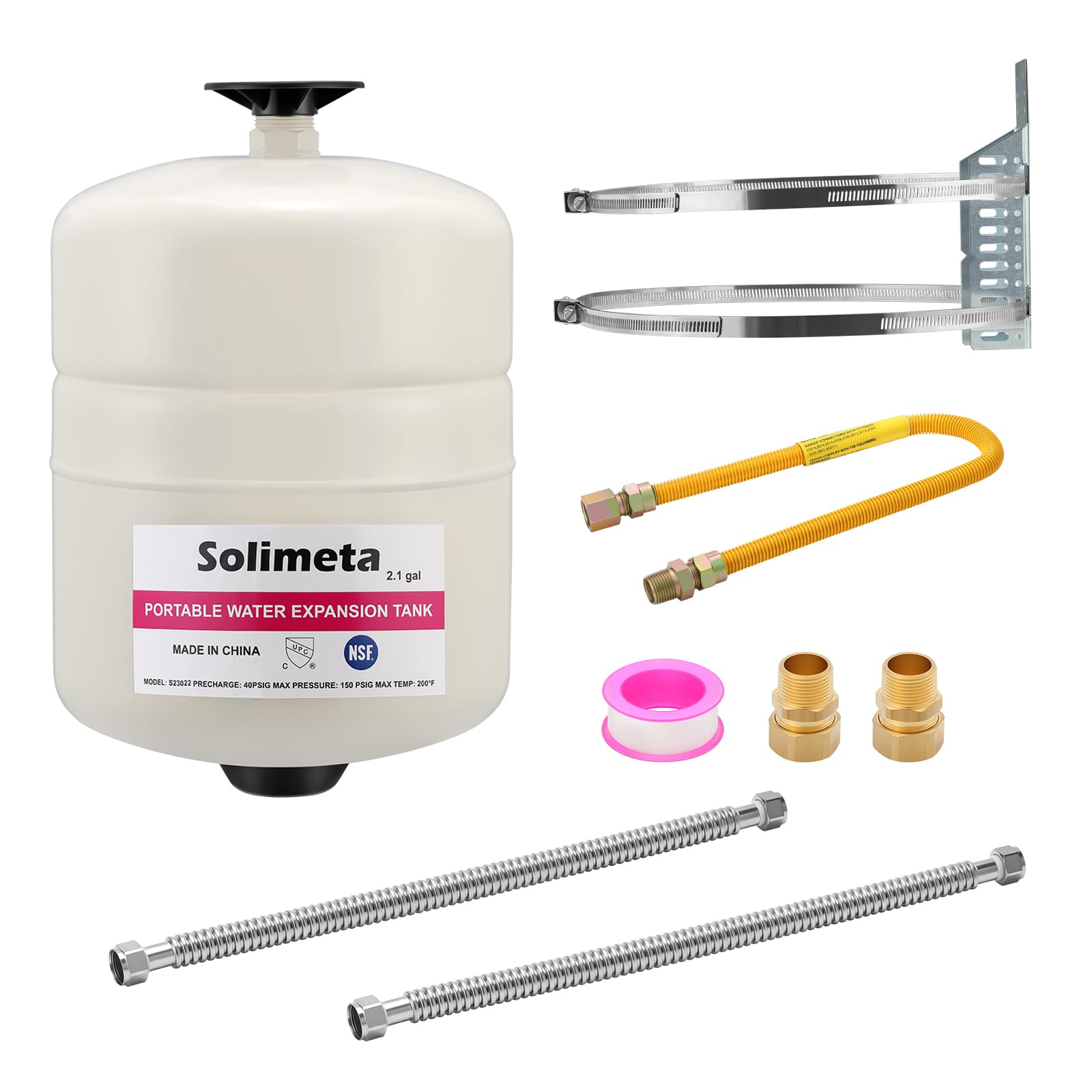 2.1 Gallon Potable Water Expansion Tank with Adjustable Wall Bracket &amp; Gas Water Heater Installation Kit (24" Stainless Steel Hoses 3/4" FIP + 24" Gas Connector)