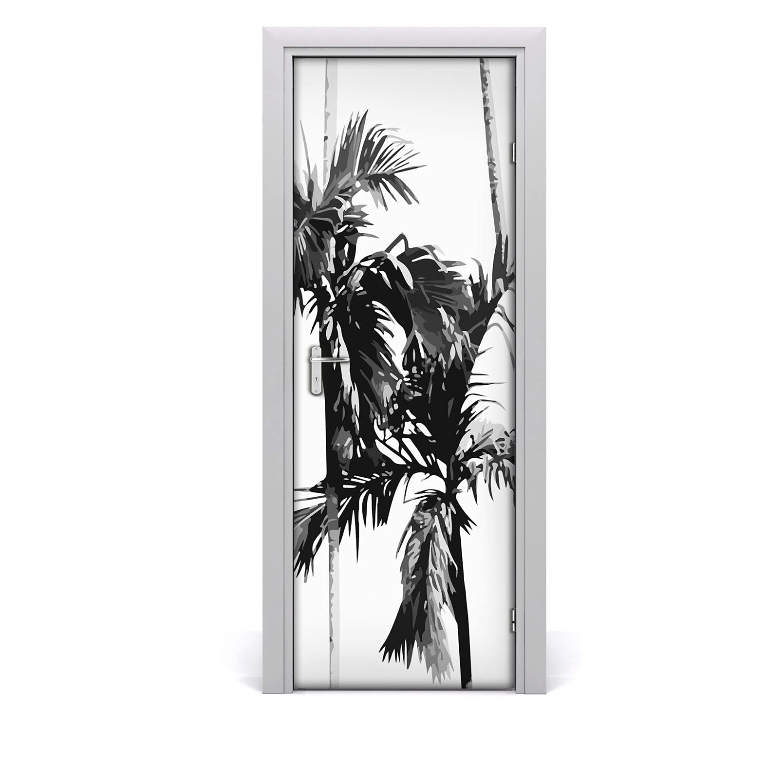Papier peint sur la porte feuilles de palmier pour créer un salon tropical