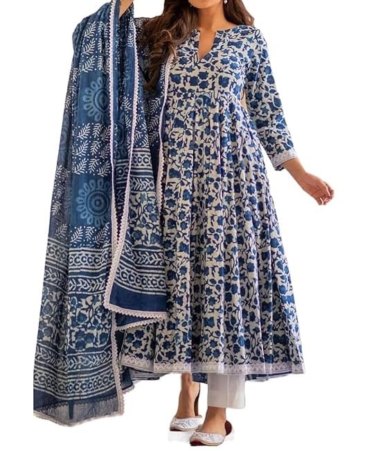 Ensemble kurta en rayonne femme vêtement indien salwar long kurti palazzo bleu blanc