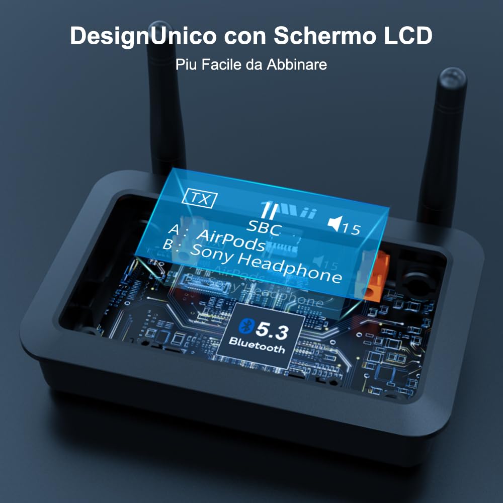 1Mii B03+ Transmisor Receptor Bluetooth para TV y Equipo HiFi, Adaptador Bluetooth 5.3 Largo Alcance para Audio TV con Pantalla, aptX Low Latency & HD & Adaptive, Entradas/Salidas Óptica RCA AUX 3,5mm