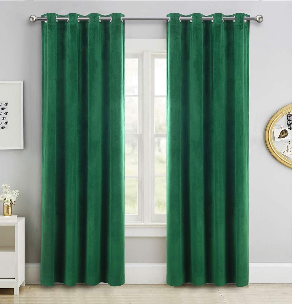 SINGINGLORY Green Velvet Curtains 52 x 84 Inch, Blackout Thermal Insulated Grommet Window Curtain 2 Panels Set for Bedroom and Living Room (W52 xL84, Dark Green)