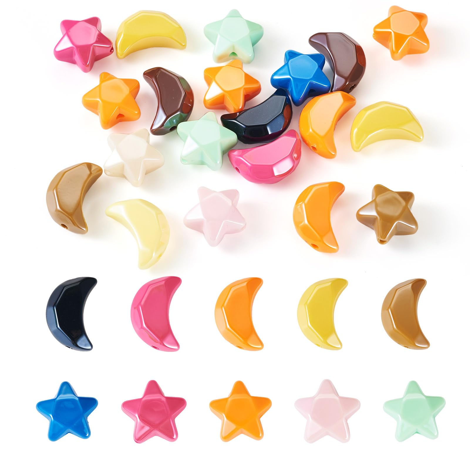 Craftdady20Pcs Colorful Opaque Moon Star Acrylic Beads Faceted Chunky Crescent Moon and Star Plastic Beads Bracelet Pastel Beads Cute Aesthetic Spacer Beads for Craft Necklace Keychain Jewelry Making