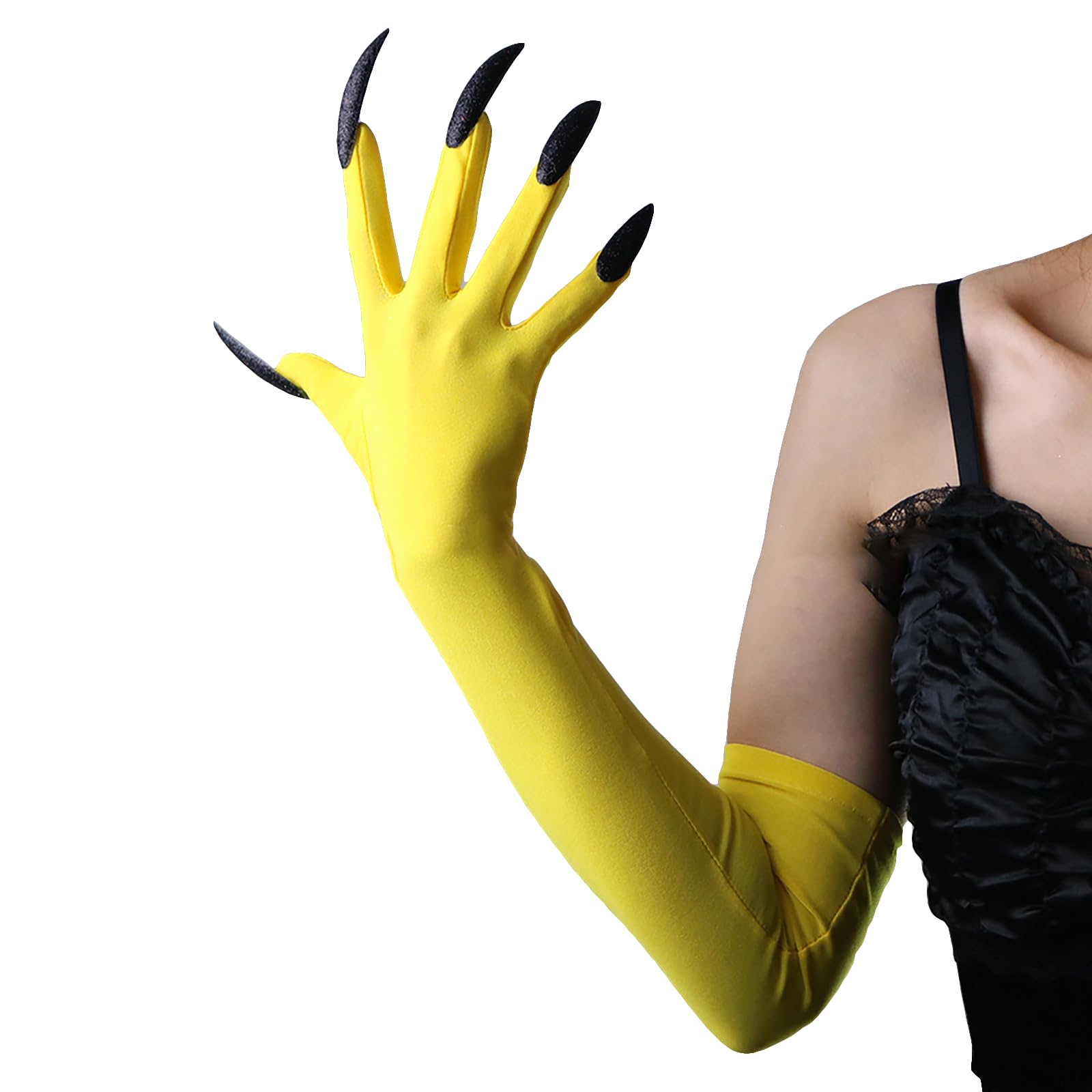 OhMill Yellow Long Nail Claw Gloves Halloween Long Claw Hands Claw Gloves Costume Yellow Long Glove Women Elbow Glove 1 Pair