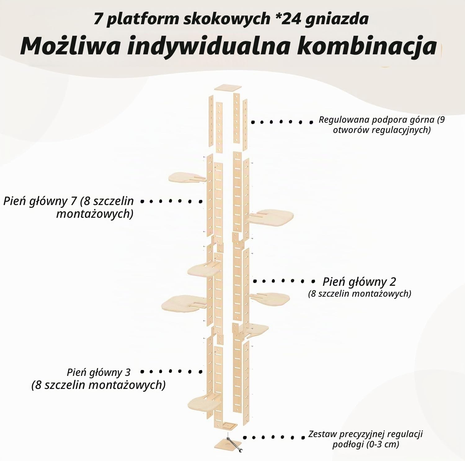 Drapak drogowy, drabinka dla kota do sufitu, z regulacją wysokości (250-291 cm), bardzo wysoka, 7-poziomowa, idealna aranżacja salonu i sypialni