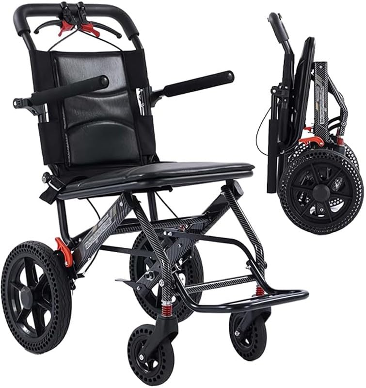 Foldable Wheelchair for Adults, Lightweight Travel Wheelchair, Aluminum Alloy Frame, Carbon Fiber Print, 12 Inch Honeycomb Wheels