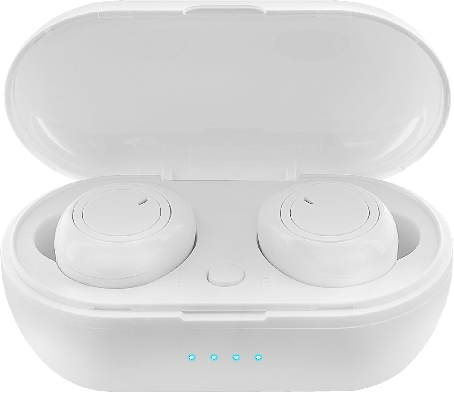 SENTRY Ultra-Light Bluetooth Earbuds in their open charging case, showing the earbuds nestled inside and three blue LED indicator lights on the front of the case.