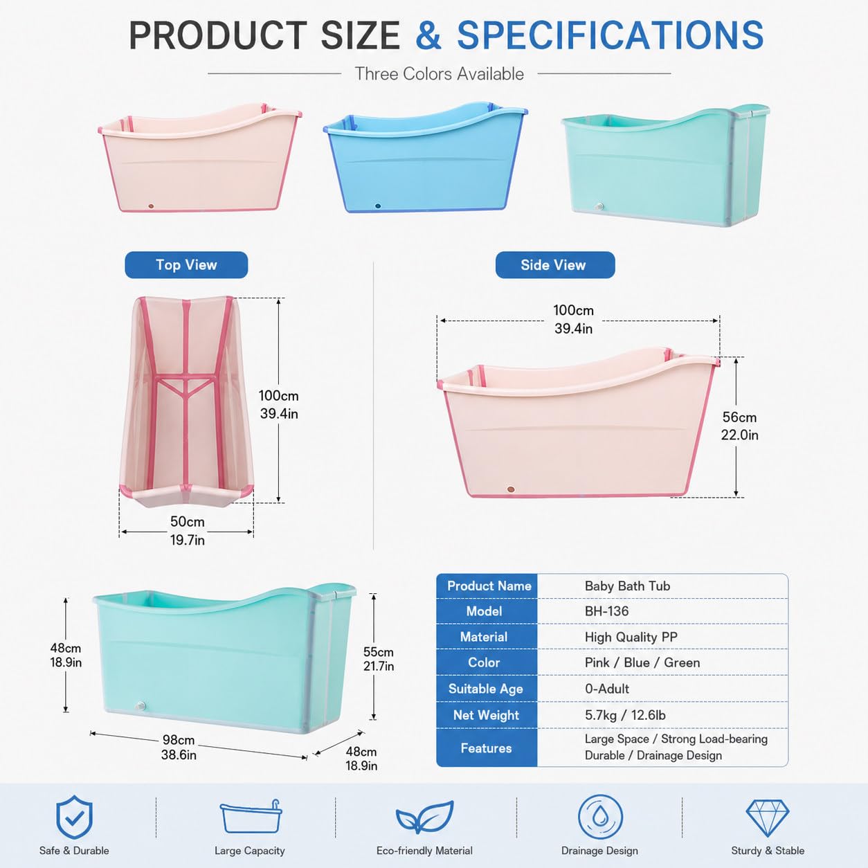 Vasca D'Acqua Mobile, Vasca Da Bagno Pieghevole Indipendente, Rettangolare Portatile Ad Alta Capacità Per Adulti Bambini Animali Domestici Grandi Green-C