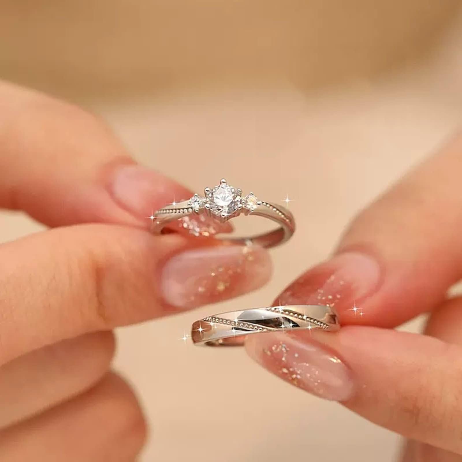 Anelli Fidanzamento Regolabili Coppia con Incisione Personalizzata Lui e Lei Argento 925, Rotondo con Zirconia Cubica, Anello Argento Donna Fidanzamento