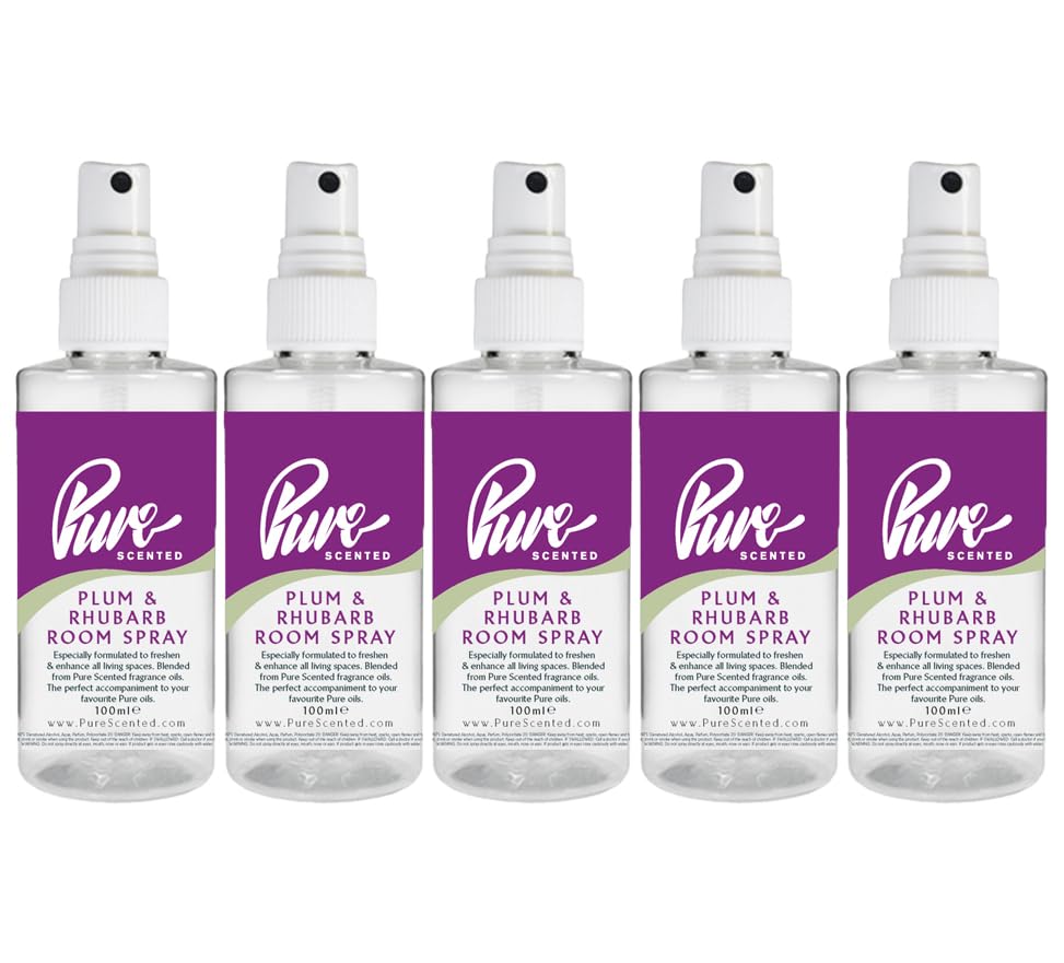 "Pure Scented 500ml Room & Fabric Sprays 5 x 100ml Suitable For Home, Car, Caravan, Work, Gym Bags, Odour Eliminators (5 x 100ml, Plum & Rhubarb)"