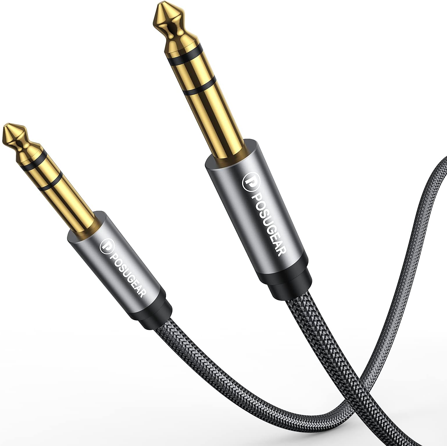 POSUGEAR6.35mm to 6.35mm Stereo Cable 2M, 1/4 Inch Male TRS Speaker Amp Cable Jack with Nylon Braid Aluminium Alloy Housing for Electric Guitar, Bass, Amplifier, Keyboard Professional Instrument etc