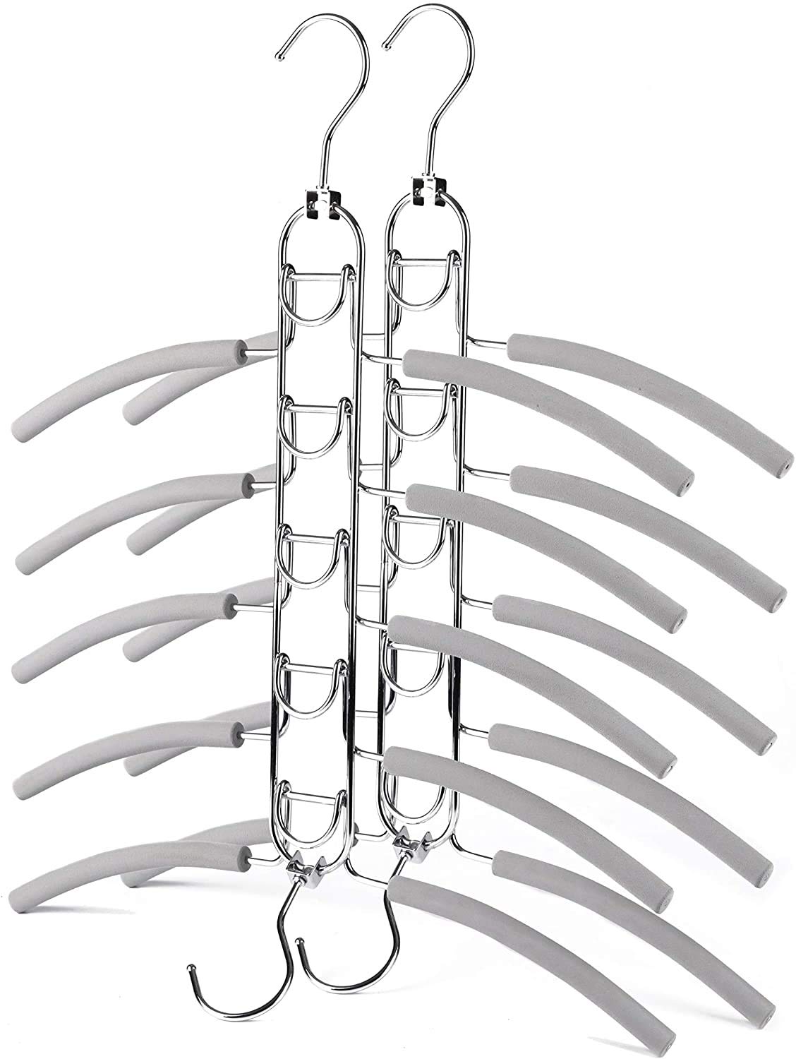Amber Home 2pcs Space Saver Multi Layer Metal Coat Hanger, Heavy Duty 5-Tier Anti-slip Sponge Magic Clothes Hangers, Wardrobe Storage Multifunctional Shirt Sweater Suits Closet Hanger (2 Swivel Hooks)