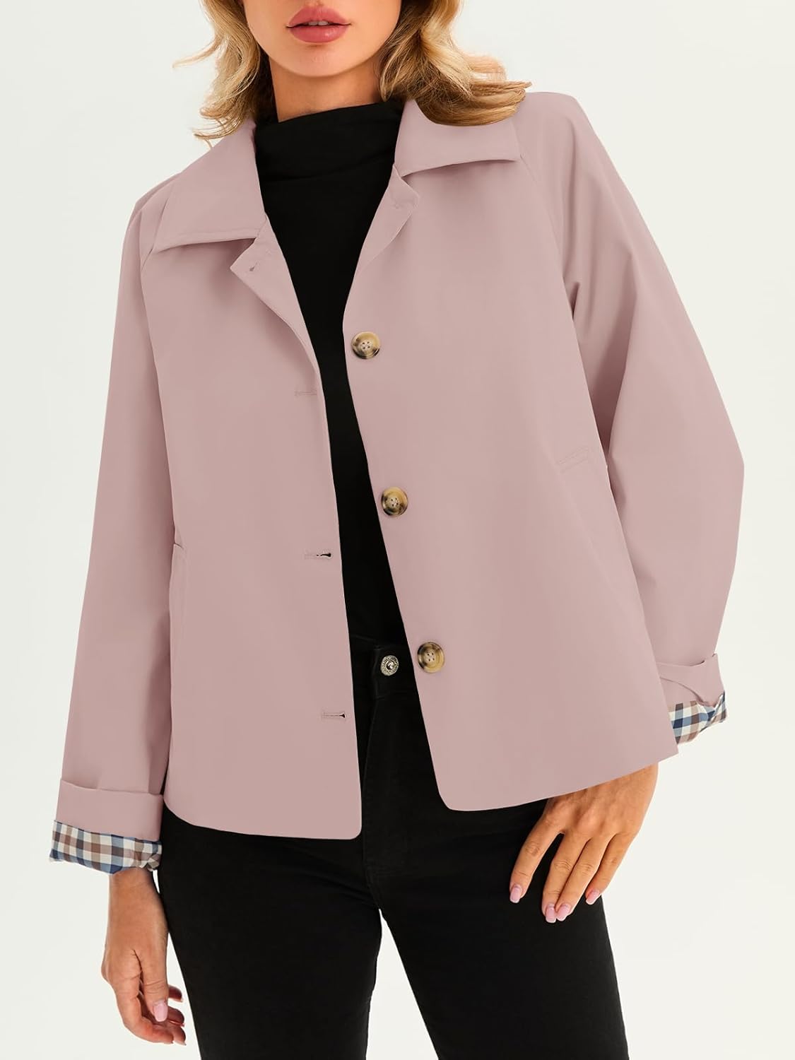 Tankaneo Womens Cropped Trench Coat Lightweight Single Breasted Jacket Fall Windbreaker Fashion Outerwear - Image 6