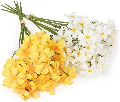 2 Bundles Small Artificial Daisy Flowers Bouquet Faux Silk Tiny Wildflowers Flowers for Home Garden Vase Decor Yellow and White