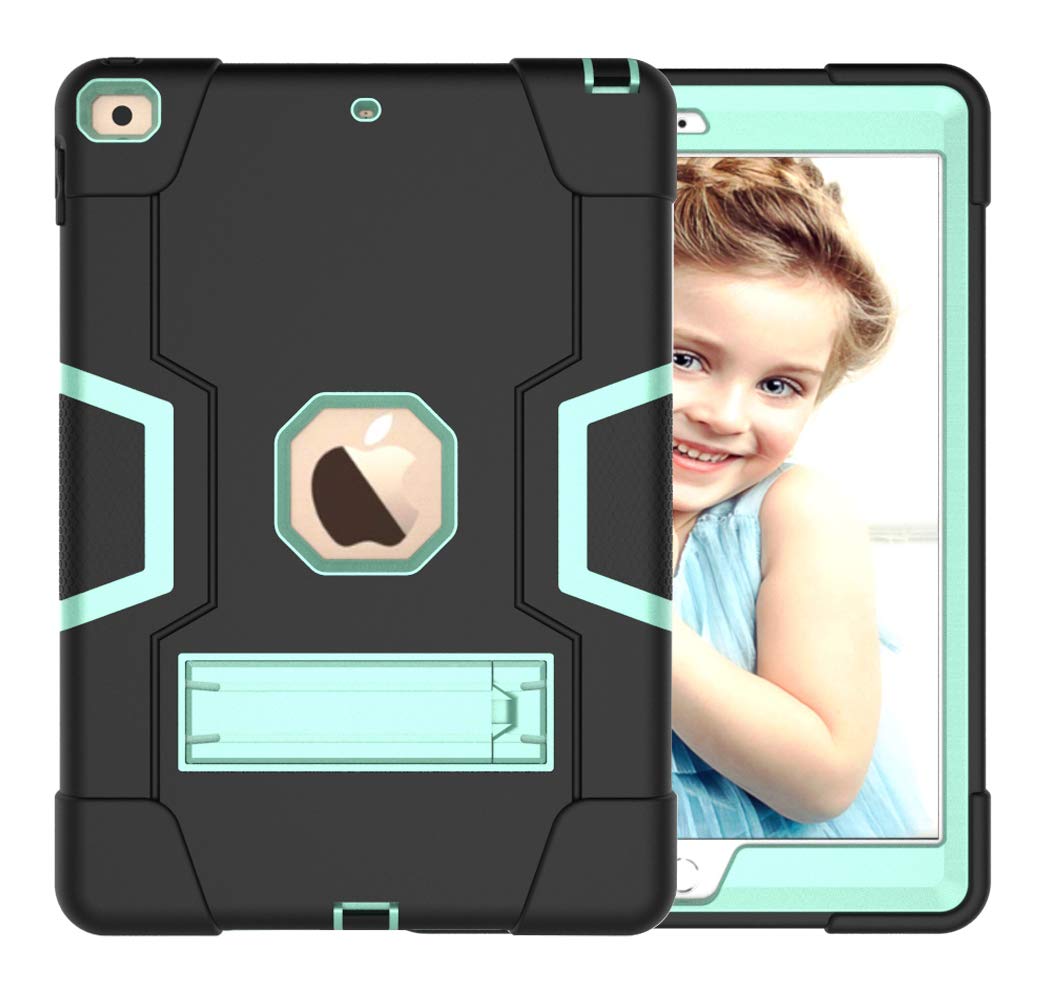 iPad iPad 6/Air2/Pro9.7 Generation Case with Kickstand, Durable Heavy Shockproof Hard Hybrid Three Layer Protective Cover iPad Tablet Silicone Case (Black + Aqua)