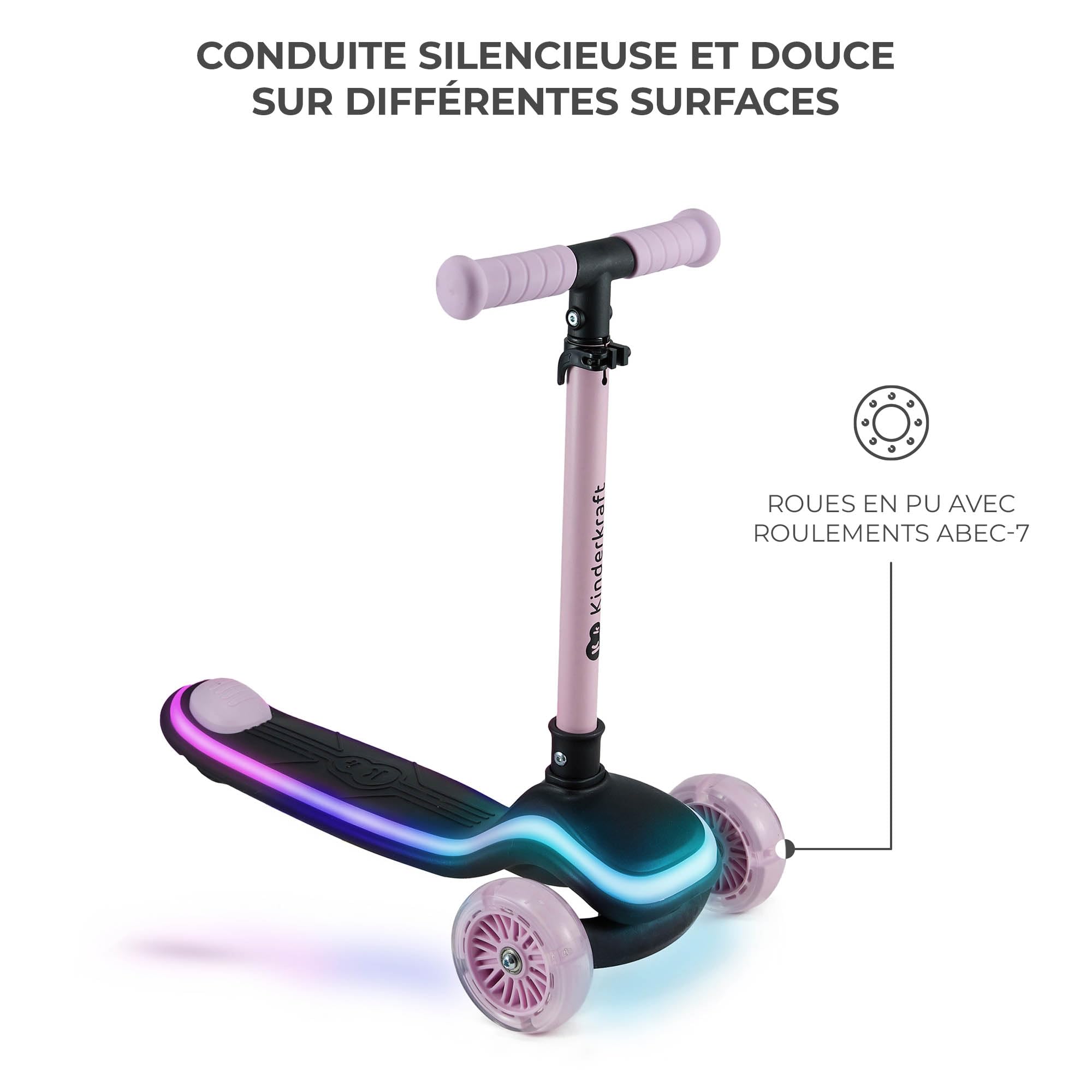 Kinderkraft RAKET Trottinette pour Enfants de 1 an à 50 kg, Trottinette, Roues LED, Guidon réglable en Hauteur, Design Moderne, Rose