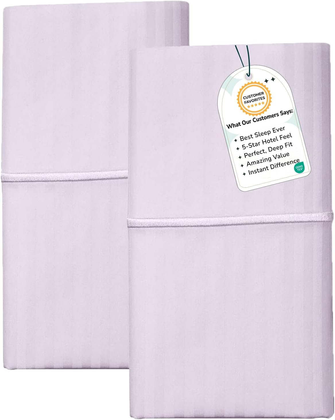 Feather & Stitch 100% Cotton King Pillow Covers Set of 2, 500TC Envelope Closure Pillowcases, Soft Luxury Damask Stripe Sateen Weave Pillow Case for Sleeping, 20x40 Inches - Lavender Stripe