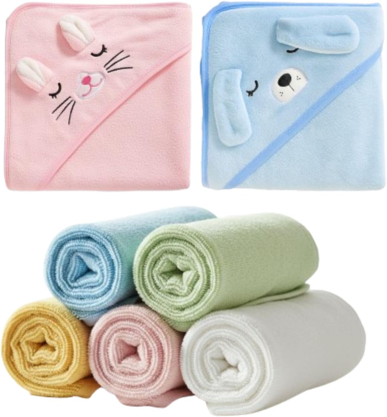 Kalos Baby Towel with Hood for Girls, Boys - Soft, Absorbent, Cotton Blend Hooded Baby Towels for Newborns, Infants, Large Hooded Bath Towels for Babies, Toddler (Blue & Pink Towels + 5 Washcloth)