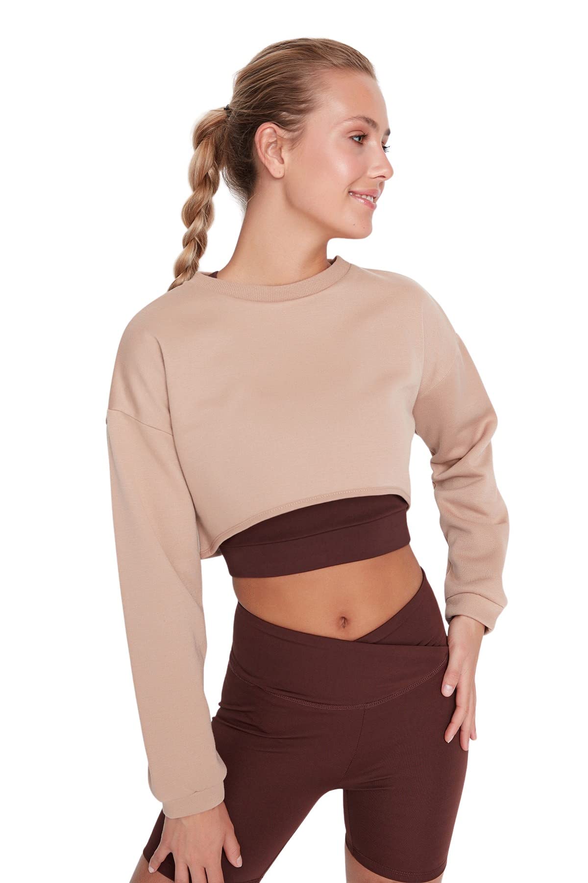 Trendyol Damen Beige Rundhalsausschnitt, Einfarbig Sweatshirt, 38