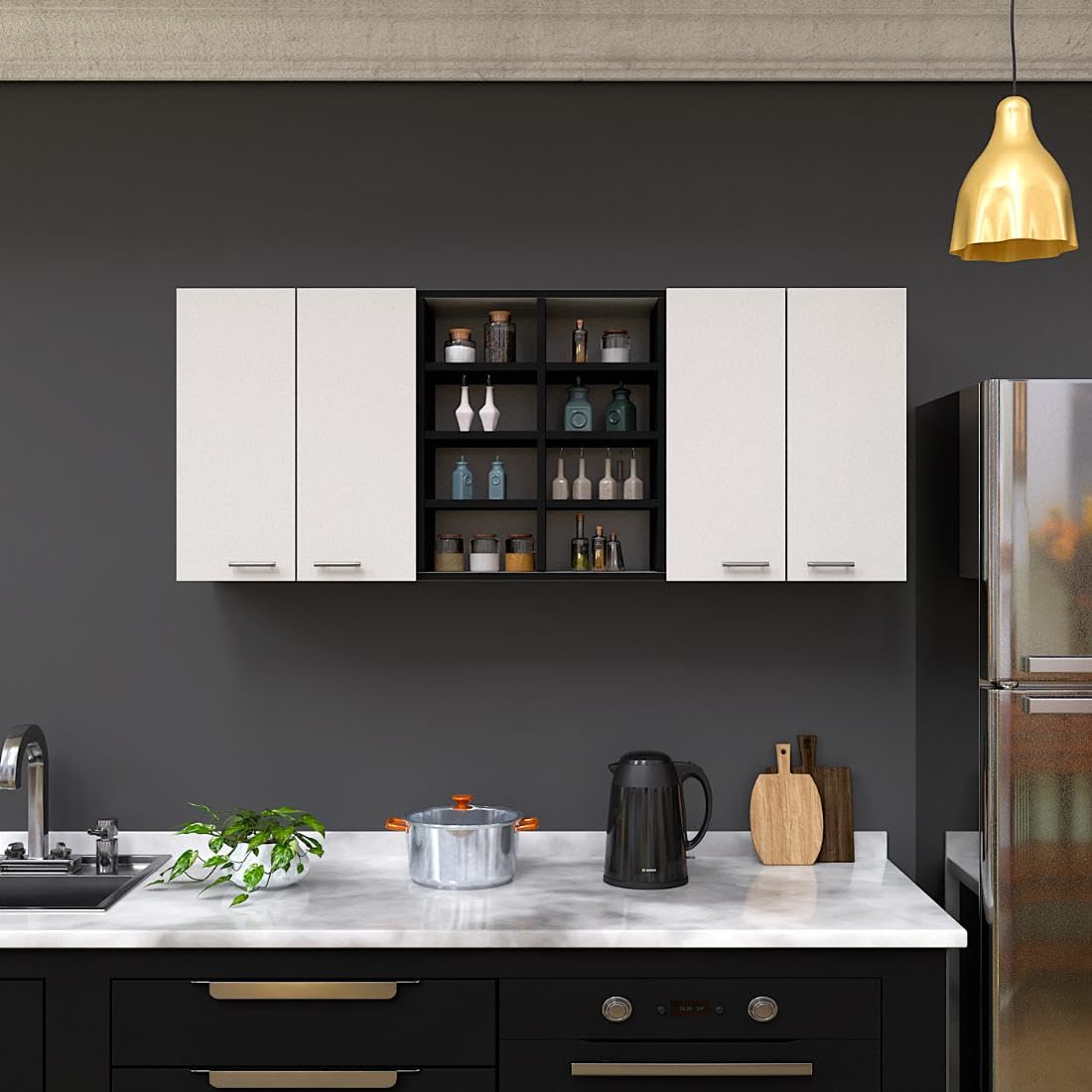 SPYDER CRAFT 4 Door Wall Mounted Matte Finish Victoria Kitchen Cabinet for Office,Hall, Kitchen|Cabinet for Kitchen |Living Room| Color: White & Black|| Assembly-DIY (Do-It-Yourself)…