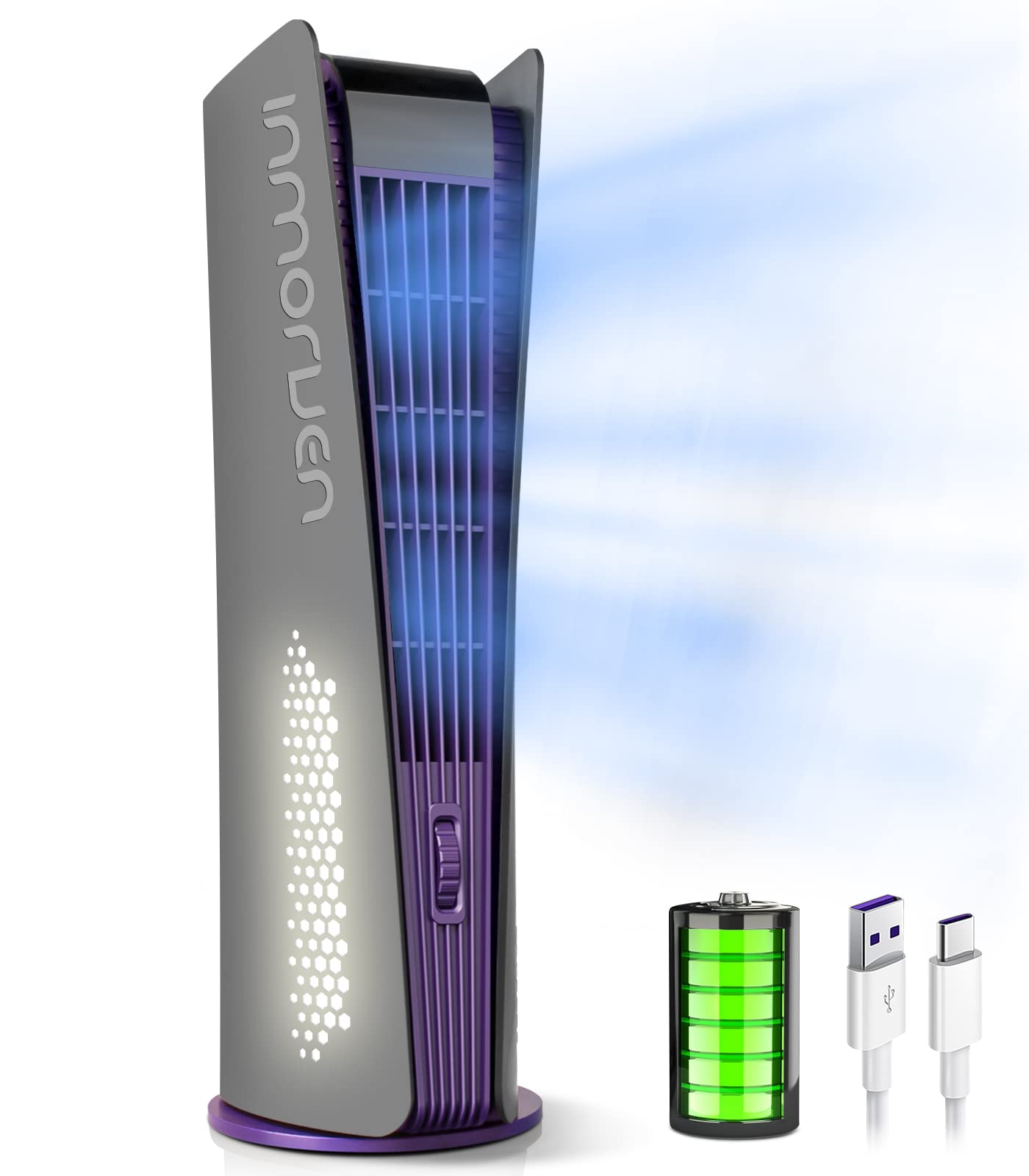 SISMEL Bladeless Tower Fan, 10000mAh Battery Operated Portable Fan with 3 Speeds, Timer, Night Light, LED Display, Small Quiet Oscillating Desk Fans for Bedroom, Office, Camping, 16 inch (Grey)