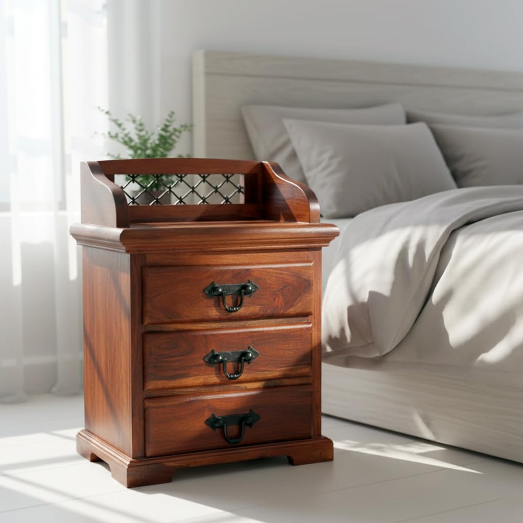 Furniturewallet Bedside Table For Bedroom | Wooden Bed Side Tables with Drawers | Nightstand Side Table for Bedroom | Nigh Stand End Table with 3 Drawers Storage for Home | Sheesham, Dark Honey Finish-image-23