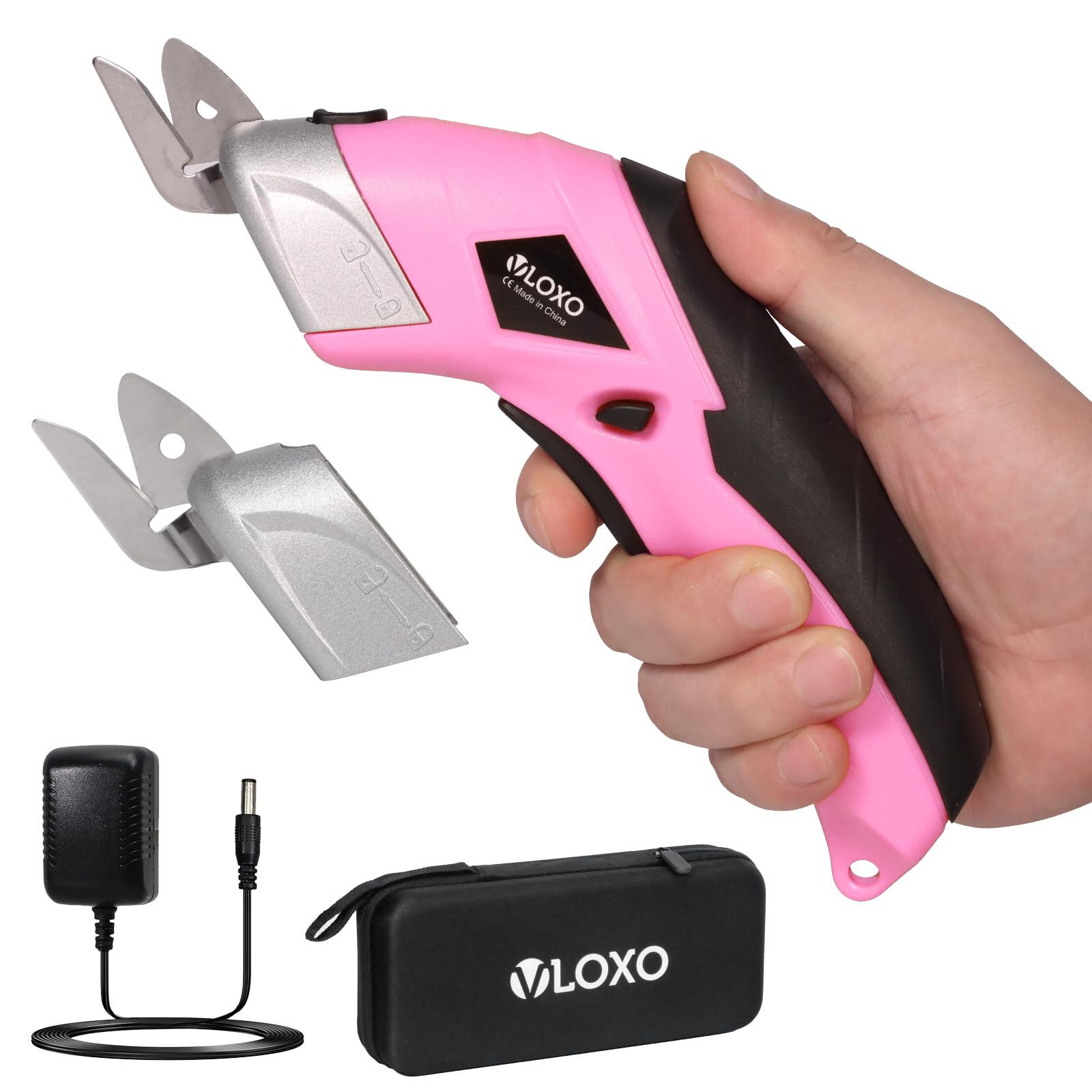 VLOXO Ciseaux Électriques Sans Fil, Ciseaux Electrique Tissu Couture avec 2 Lames, Electric Scissors pour Coupe Tissu, Carton, Cuir, Tapis, Papier, Artisanat et Bricolage – Rose
