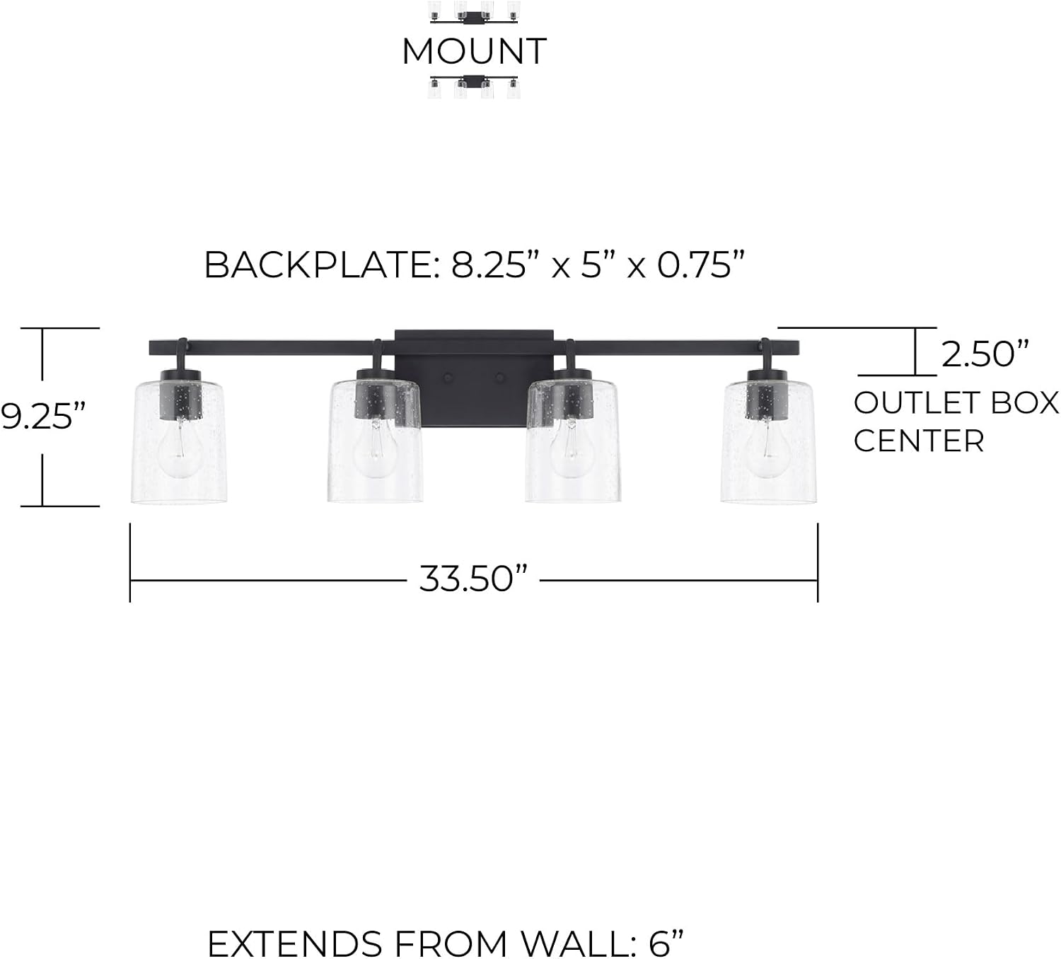 HomePlace Lighting 128541MB-449 Greyson Urban/Industrial Clear Seeded Glass Bathroom Vanity Wall Light, 4-Light 400 Total Watts, 9" H x 35" W, Matte Black