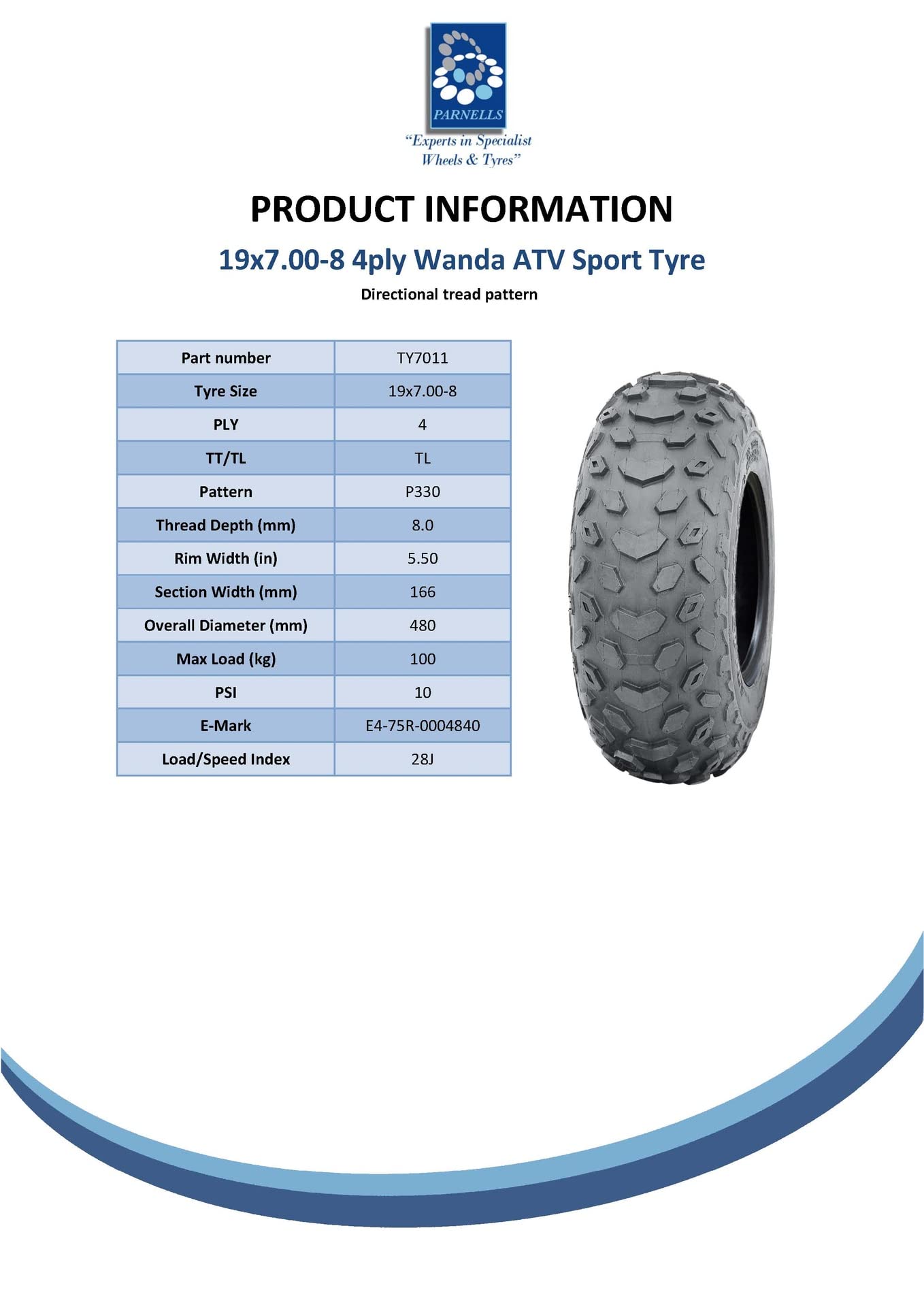 Parnells Pneumatici ATV 19x7.00-8 Tubeless 4 Strati Wanda P330 Omologazione Stradale