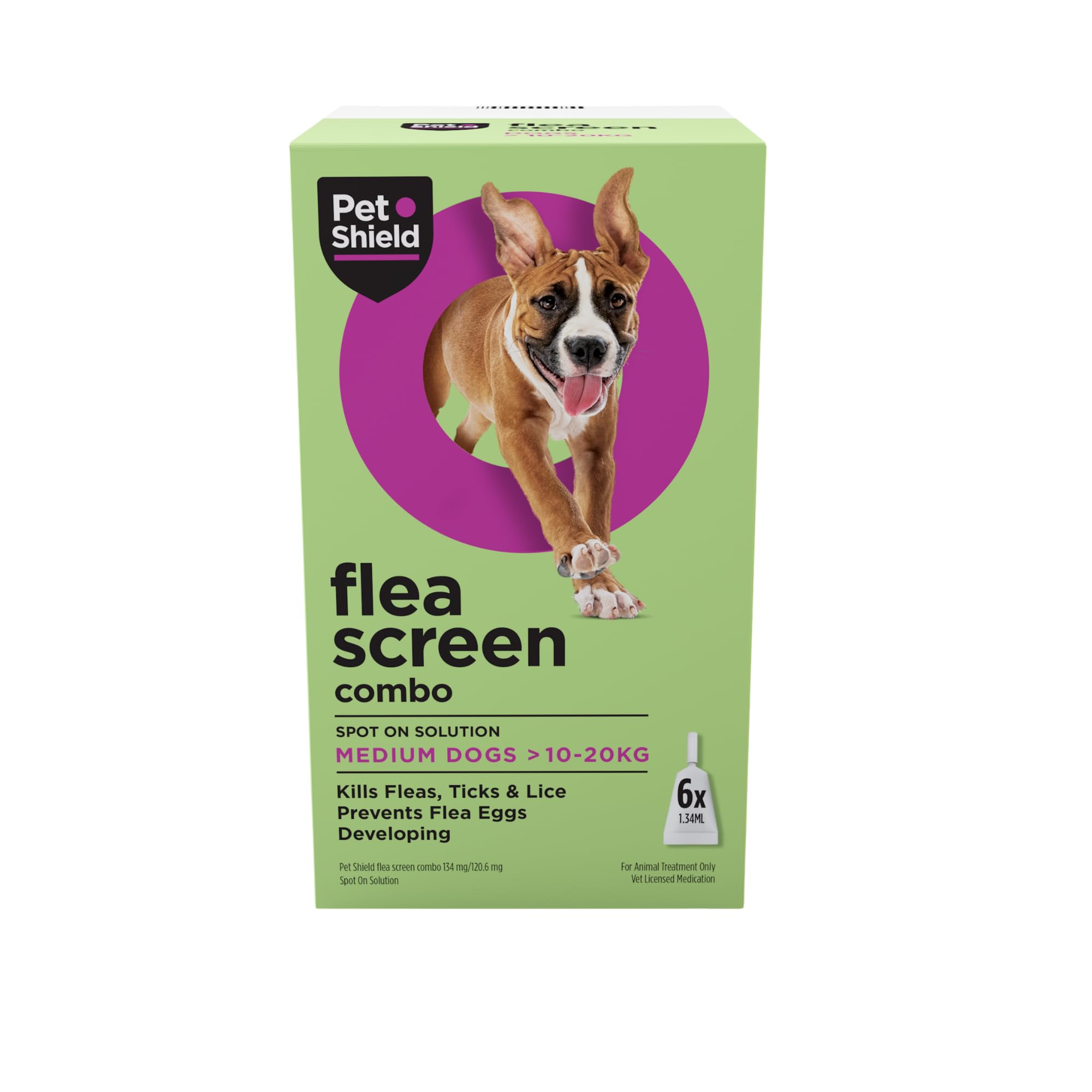 Pet Shield Flea Screen Combo Medium Dog, 6 Pipettes - Spot-On Flea Treatment for Medium-Sized Dogs (10-20kg Body Weight) - Kills Fleas, Flea Eggs, Ticks - Provides Up to 8 Weeks Protection